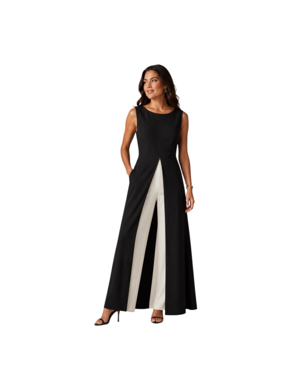 Adrianna Papell Crepe Overlay Jumpsuit Black Ivory Size 14W NWT Formal Evening